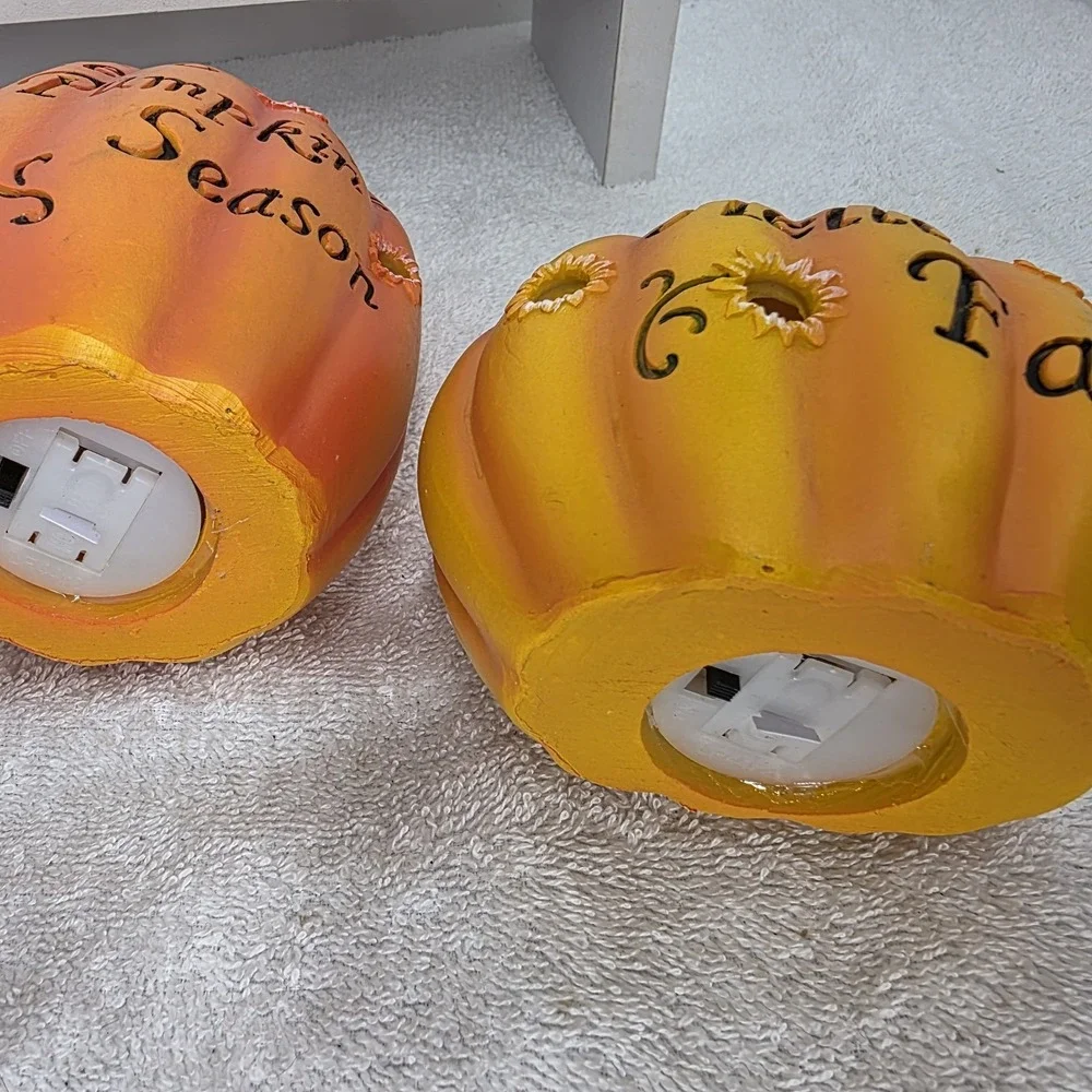 Set Of 3 Light Up Battery Orange Pumpkins Welcome Hello Fall Season Give Thanks